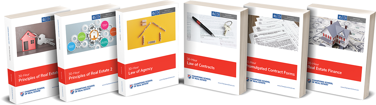 Row of Champions School of Real Estate textbooks